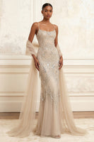 Load image into Gallery viewer, Sparkly Apricot Beaded Spaghetti Straps Long Gala Dress with Shawl