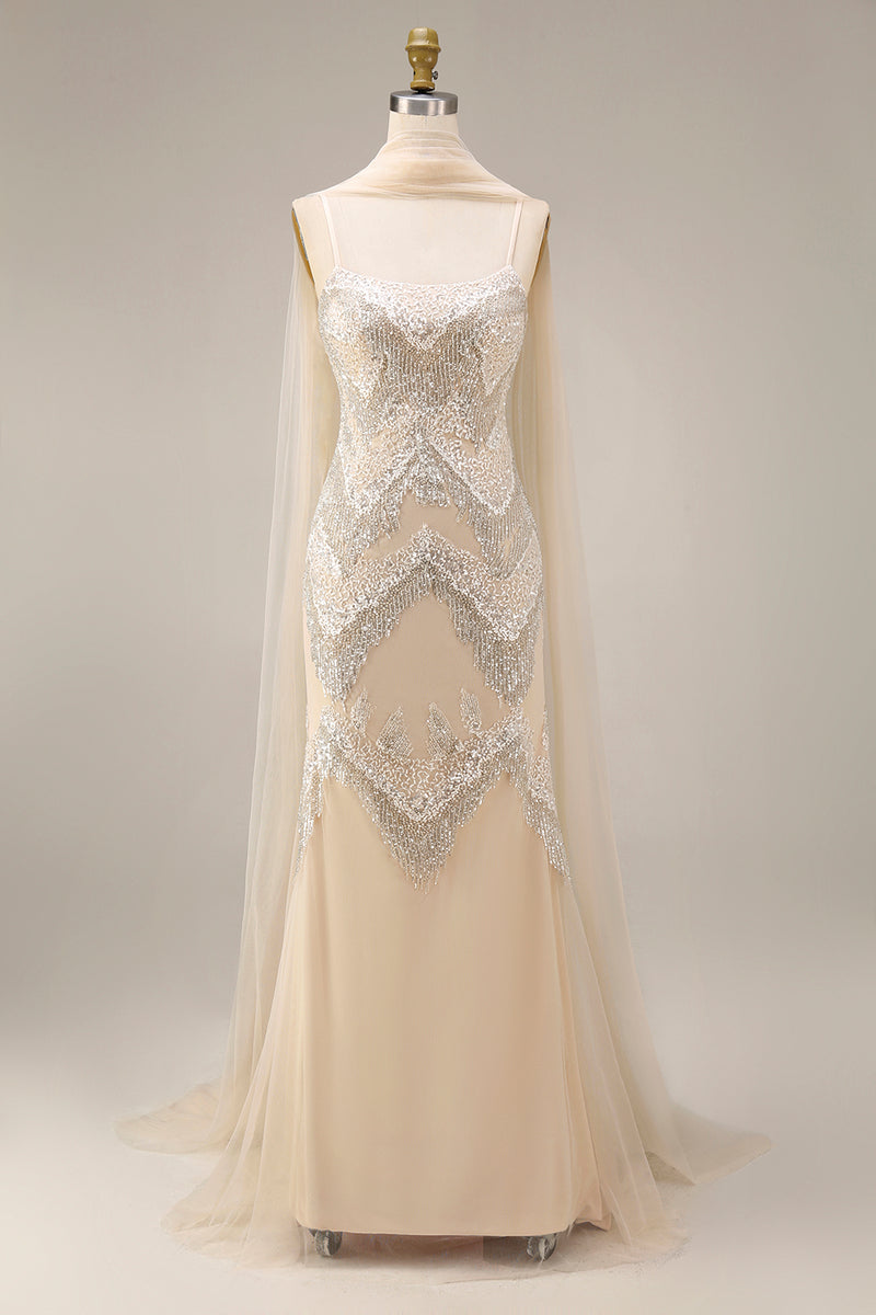 Load image into Gallery viewer, Sparkly Apricot Beaded Spaghetti Straps Long Gala Dress with Shawl