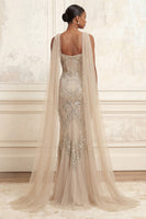Load image into Gallery viewer, Sparkly Apricot Beaded Spaghetti Straps Long Gala Dress with Shawl