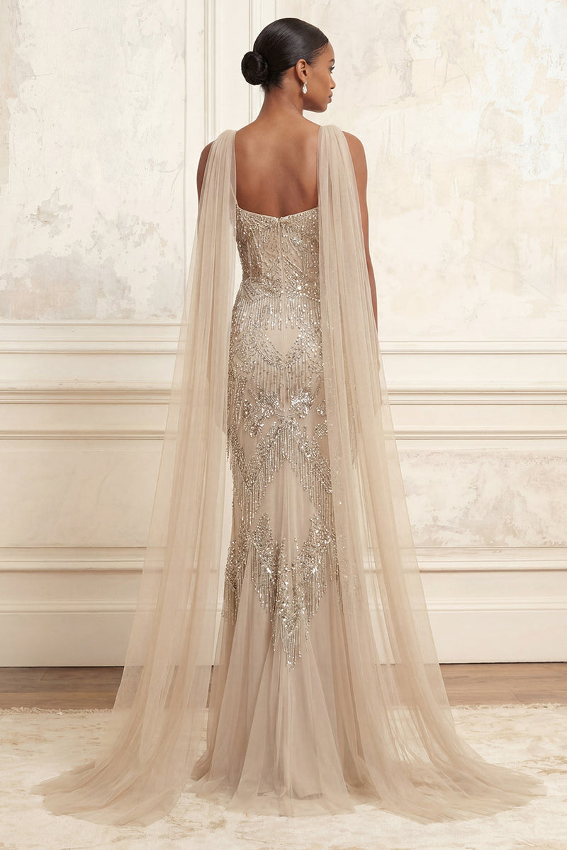 Load image into Gallery viewer, Sparkly Apricot Beaded Spaghetti Straps Long Gala Dress with Shawl