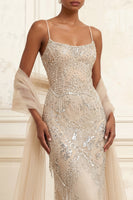 Load image into Gallery viewer, Sparkly Apricot Beaded Spaghetti Straps Long Gala Dress with Shawl