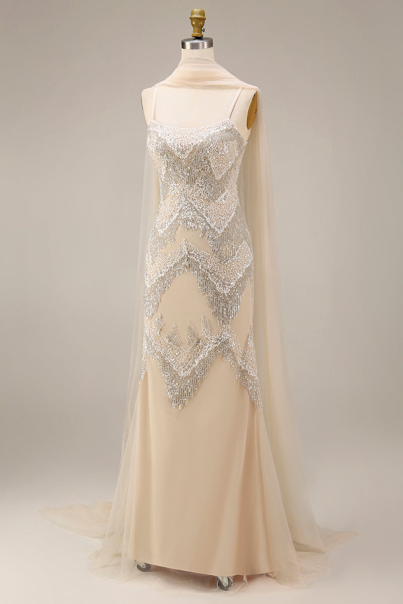 Load image into Gallery viewer, Sparkly Apricot Beaded Spaghetti Straps Long Gala Dress with Shawl