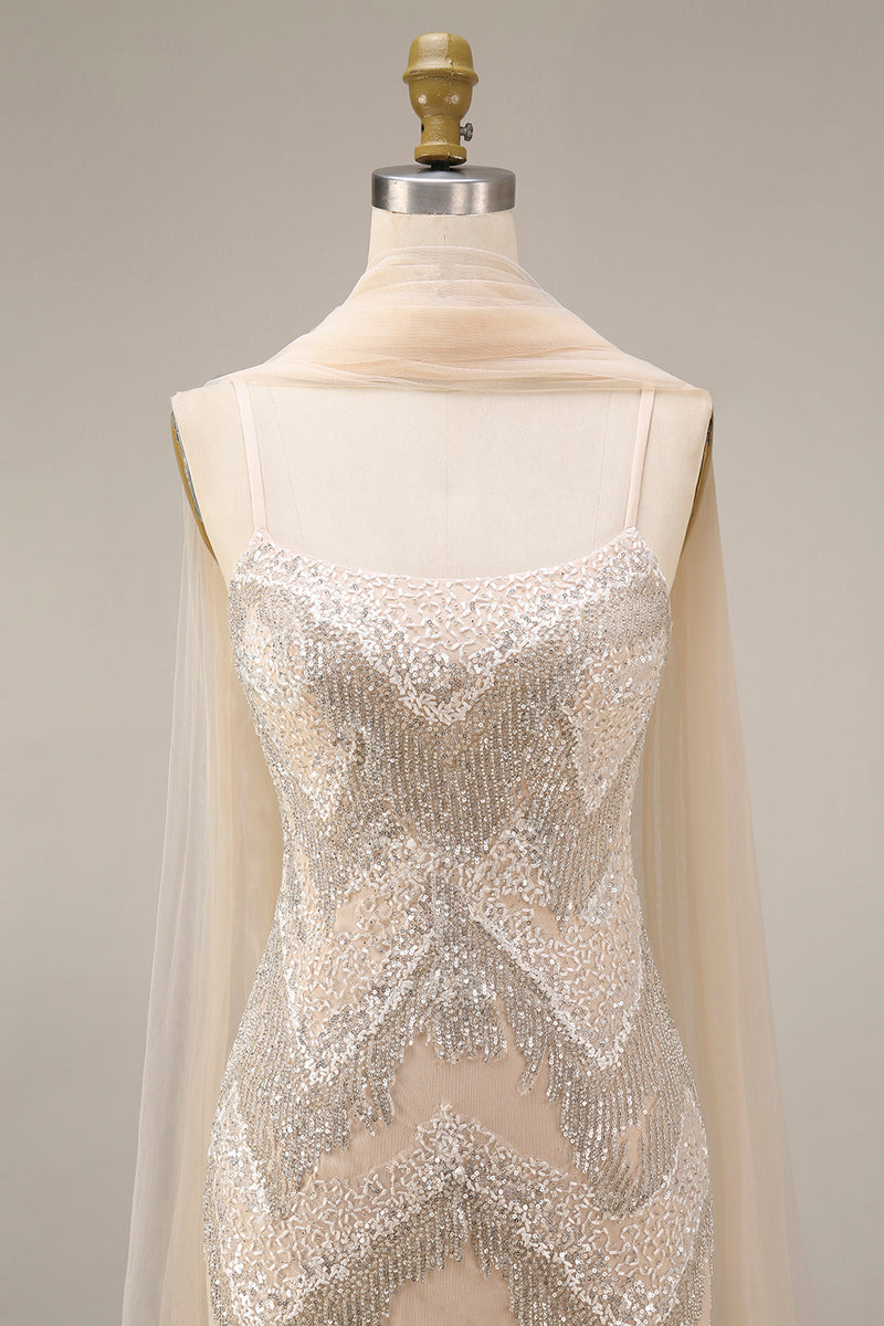 Load image into Gallery viewer, Sparkly Apricot Beaded Spaghetti Straps Long Gala Dress with Shawl