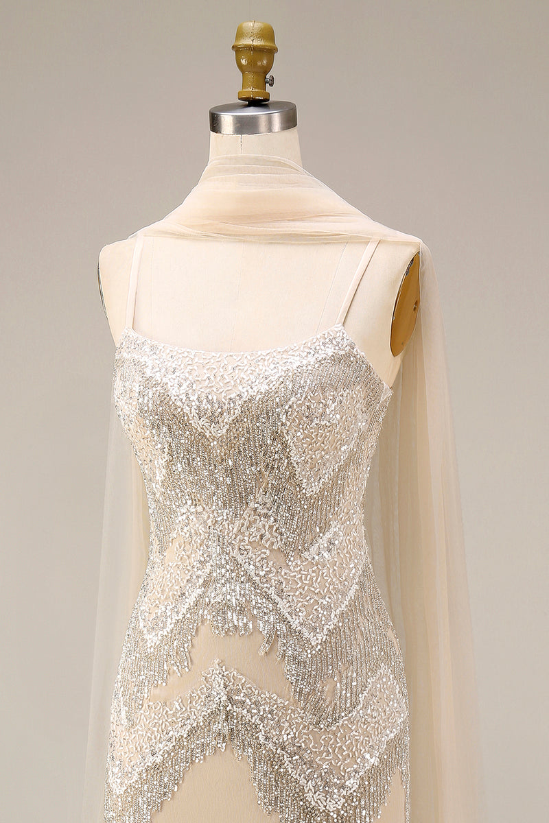 Load image into Gallery viewer, Sparkly Apricot Beaded Spaghetti Straps Long Gala Dress with Shawl