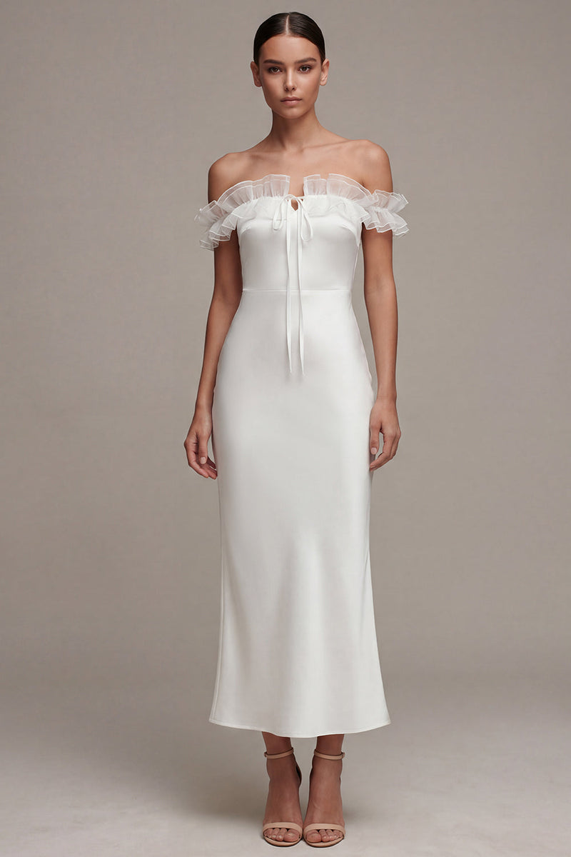 Queendancer Women White Satin Off the Shoulder Sheath Maxi Beach Bridal