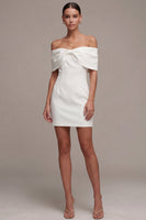 Load image into Gallery viewer, White Off the Shoulder Tight Short Bridal Shower Dress with Bow