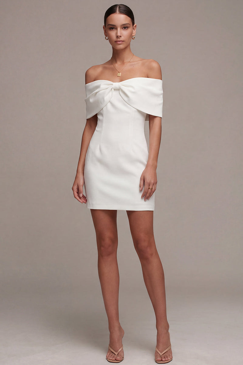 Load image into Gallery viewer, White Off the Shoulder Tight Short Bridal Shower Dress with Bow