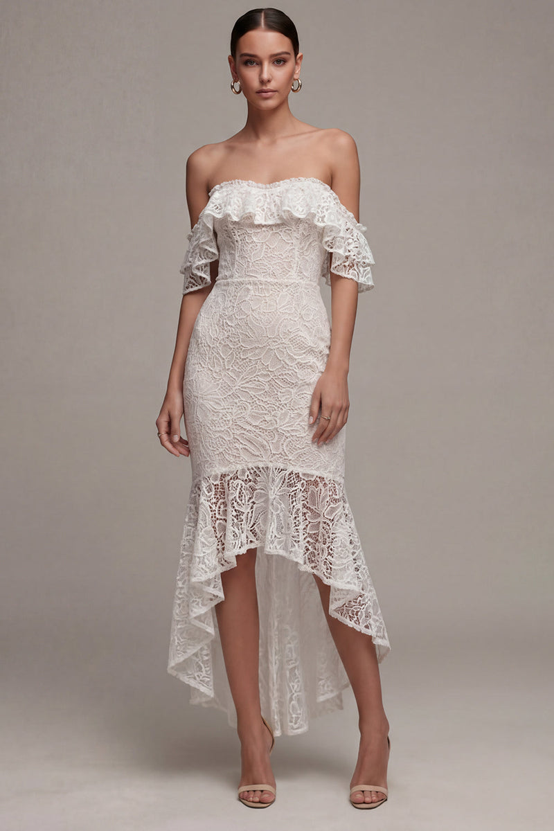Load image into Gallery viewer, White Asymmetrical Off the Shoulder Boho Bodycon Bridal Shower Dress with Ruffles
