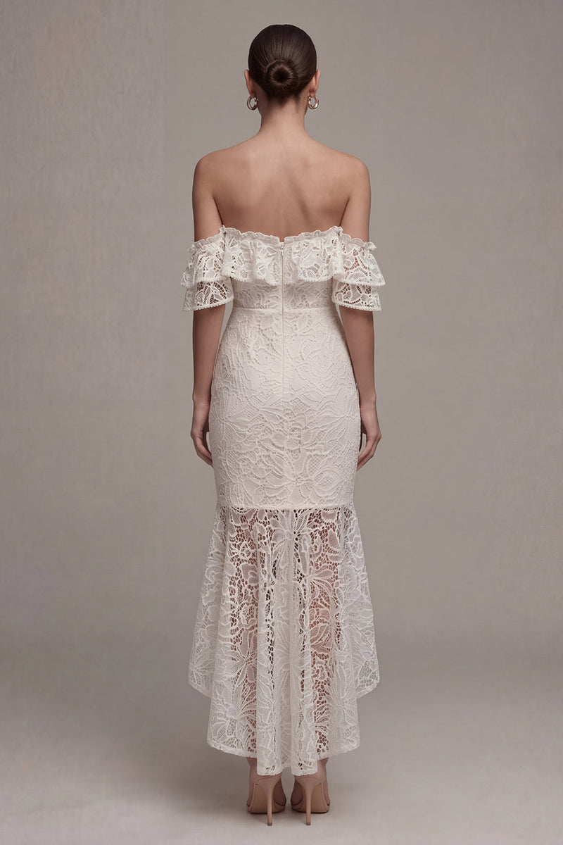 Load image into Gallery viewer, White Asymmetrical Off the Shoulder Boho Bodycon Bridal Shower Dress with Ruffles