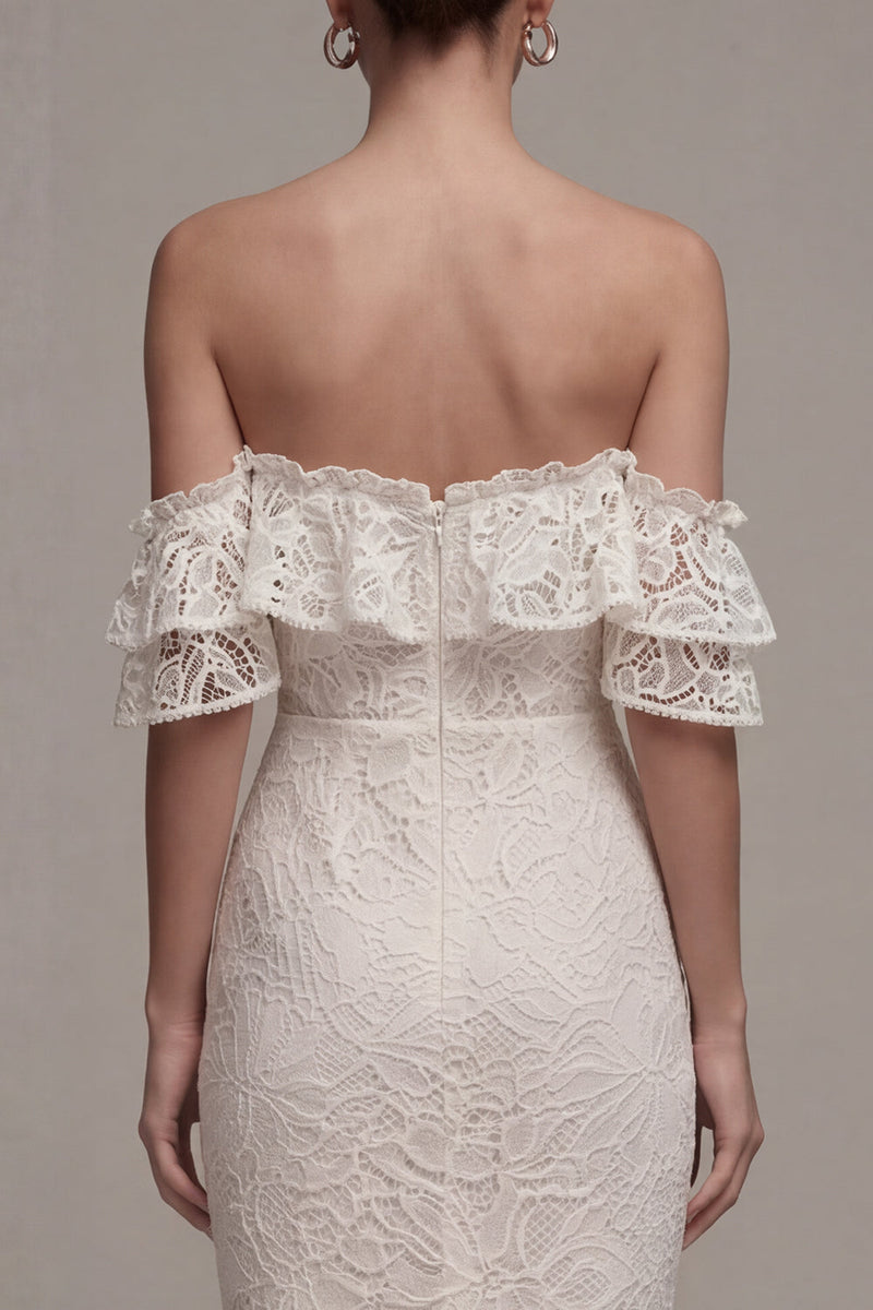 Load image into Gallery viewer, White Asymmetrical Off the Shoulder Boho Bodycon Bridal Shower Dress with Ruffles