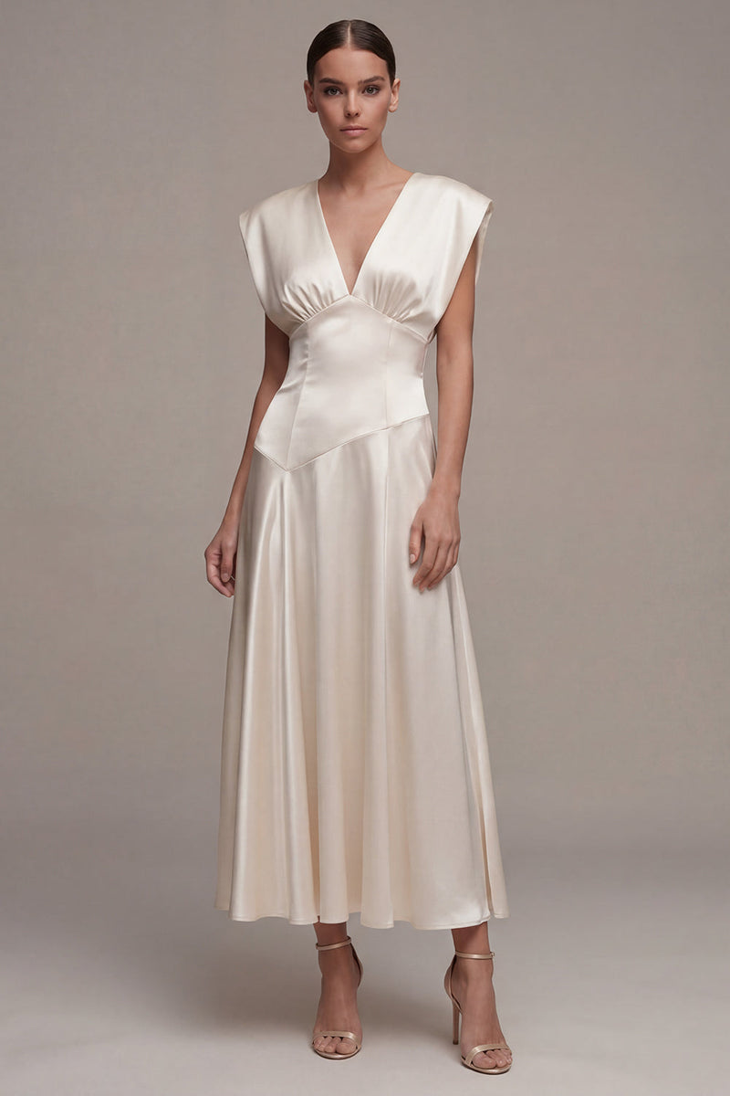 Load image into Gallery viewer, Simple Ivory A Line V-Neck Maxi Beach Bridal Shower Dress