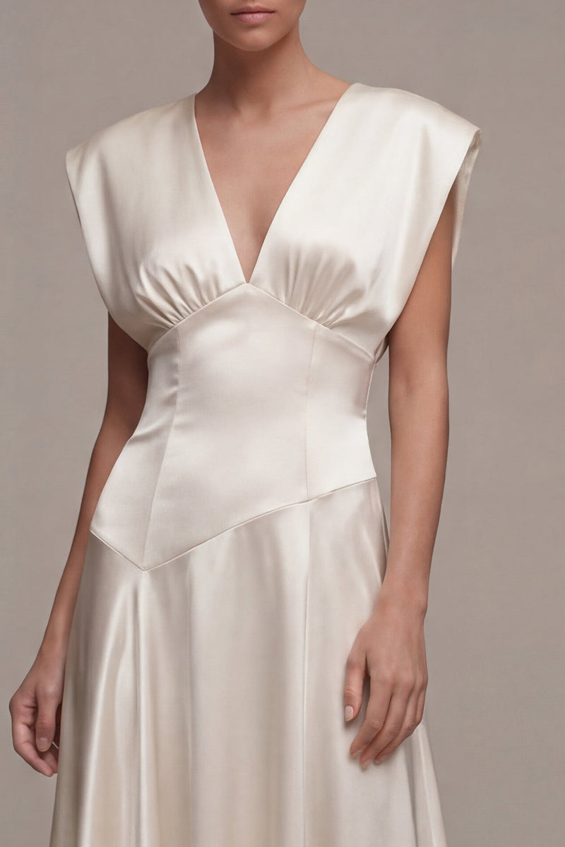 Load image into Gallery viewer, Simple Ivory A Line V-Neck Maxi Beach Bridal Shower Dress