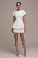 Load image into Gallery viewer, 2 Piece White Short Sleeves Bateau Neck Bridal Shower Dress