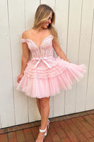Load image into Gallery viewer, Sparkly Fuchsia A-Line Tiered Corset Homecoming Dress with Lace