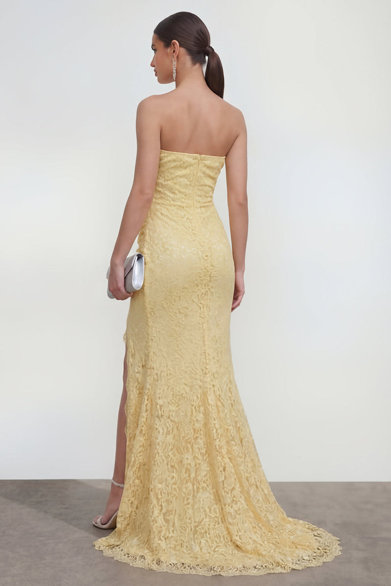 Load image into Gallery viewer, Yellow Ruched Lace Floral Butter Mermaid Maxi Formal Dress with Slit