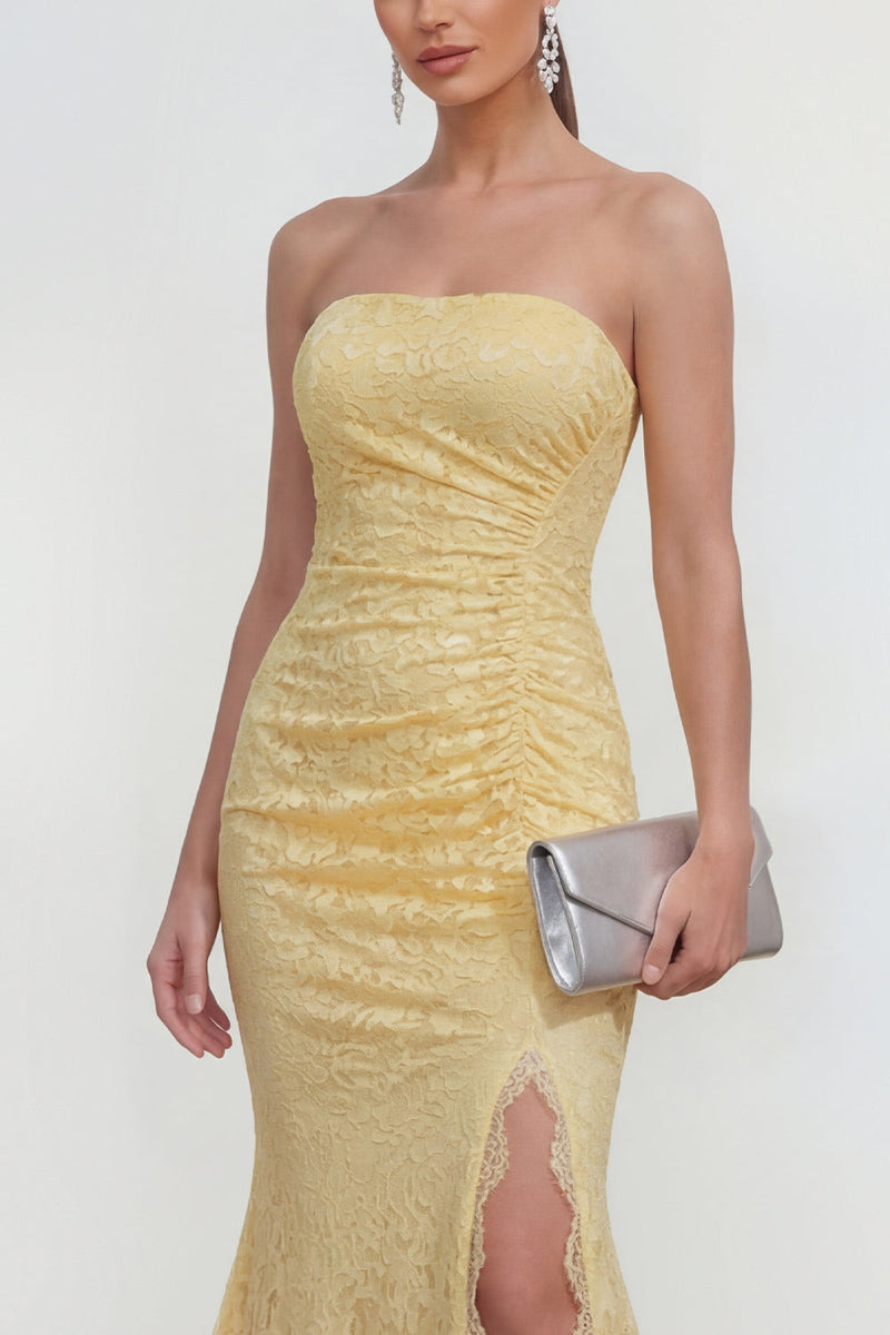 Load image into Gallery viewer, Yellow Ruched Lace Floral Butter Mermaid Maxi Formal Dress with Slit