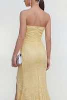 Load image into Gallery viewer, Yellow Ruched Lace Floral Butter Mermaid Maxi Formal Dress with Slit