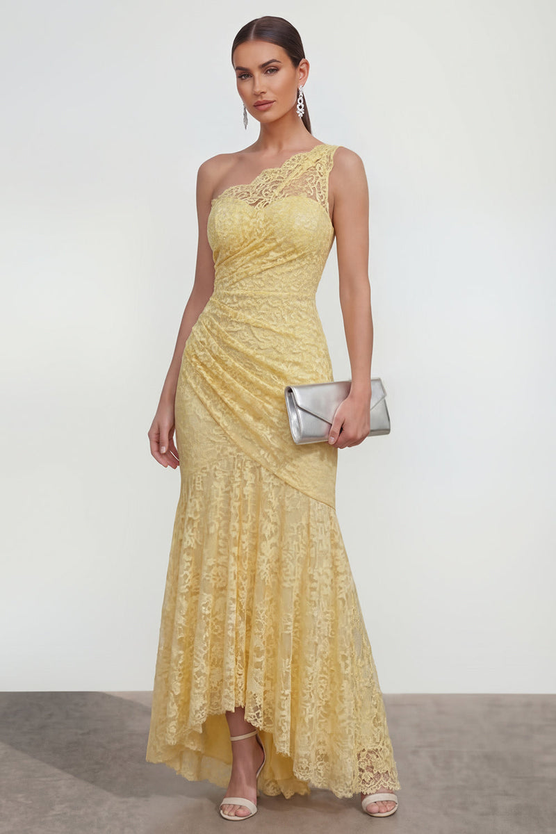 Load image into Gallery viewer, Yellow Mermaid Ruched Lace Floral Butter Asymmetrical Formal Dress