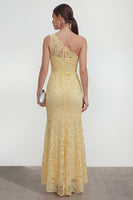 Load image into Gallery viewer, Yellow Mermaid Ruched Lace Floral Butter Asymmetrical Formal Dress