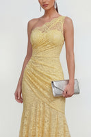 Load image into Gallery viewer, Yellow Mermaid Ruched Lace Floral Butter Asymmetrical Formal Dress