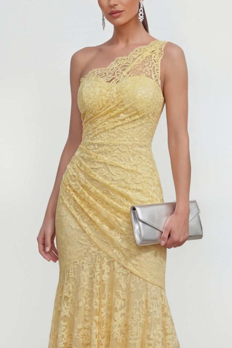 Load image into Gallery viewer, Yellow Mermaid Ruched Lace Floral Butter Asymmetrical Formal Dress