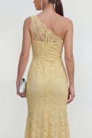 Load image into Gallery viewer, Yellow Mermaid Ruched Lace Floral Butter Asymmetrical Formal Dress