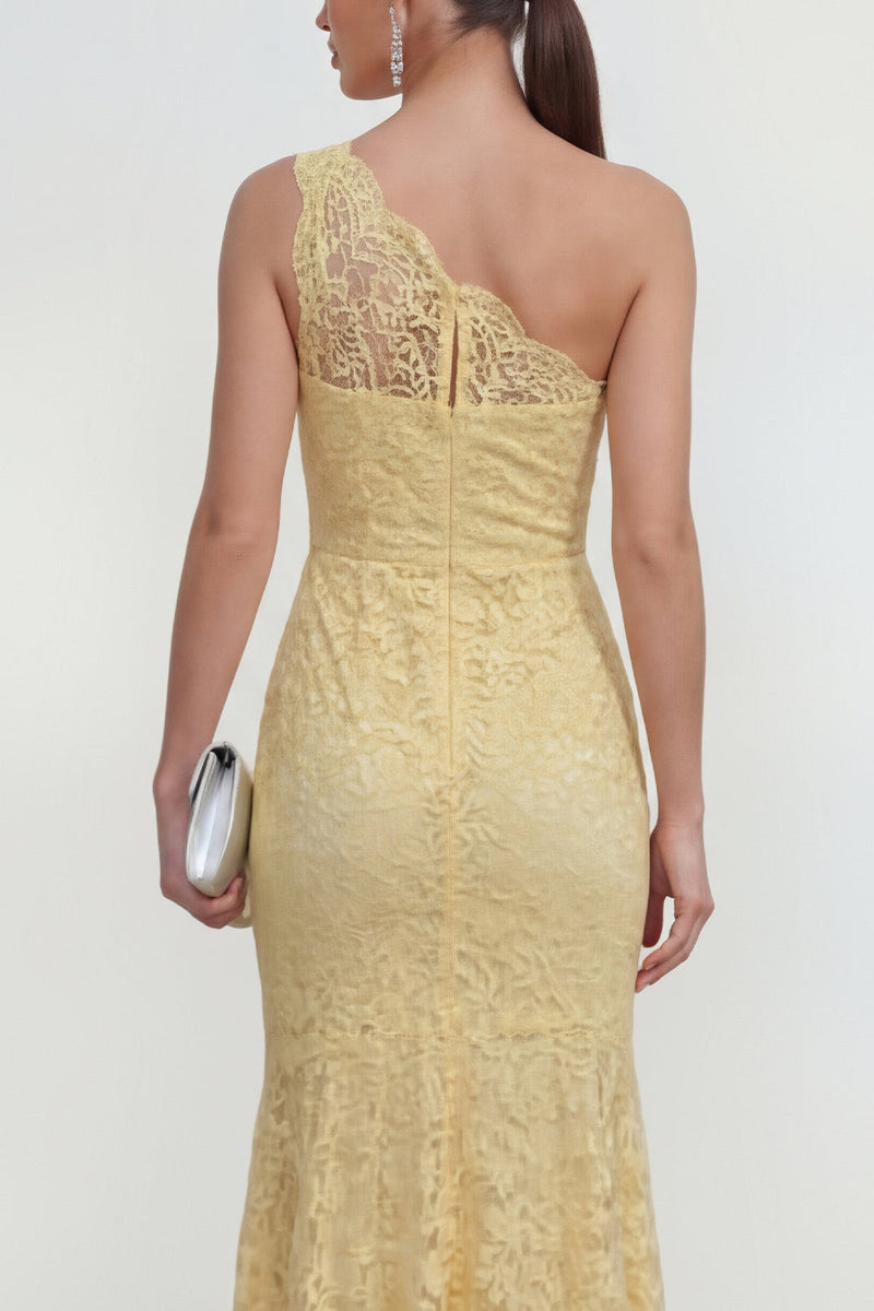 Load image into Gallery viewer, Yellow Mermaid Ruched Lace Floral Butter Asymmetrical Formal Dress