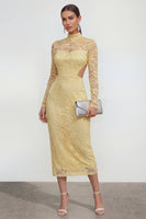 Load image into Gallery viewer, Lace Floral Butter Yellow Cut Out Bodycon Midi Formal Dress with Back Slit