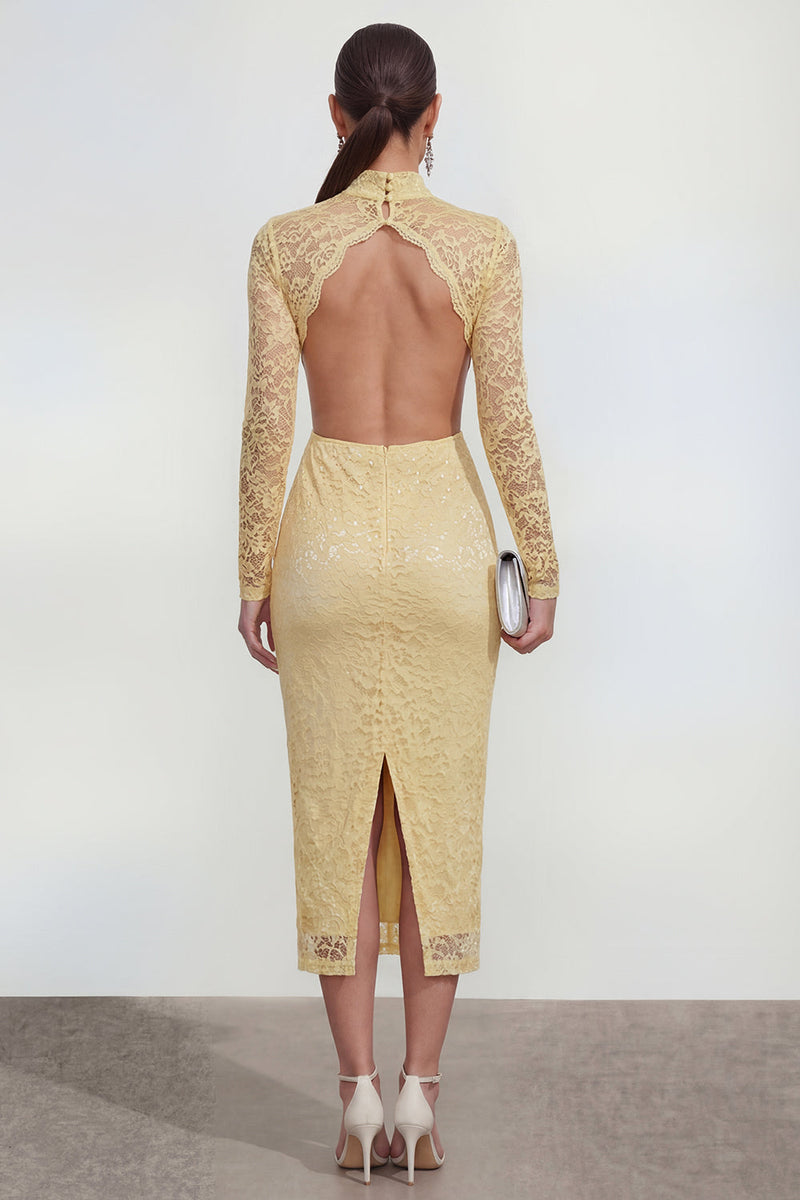 Load image into Gallery viewer, Lace Floral Butter Yellow Cut Out Bodycon Midi Formal Dress with Back Slit