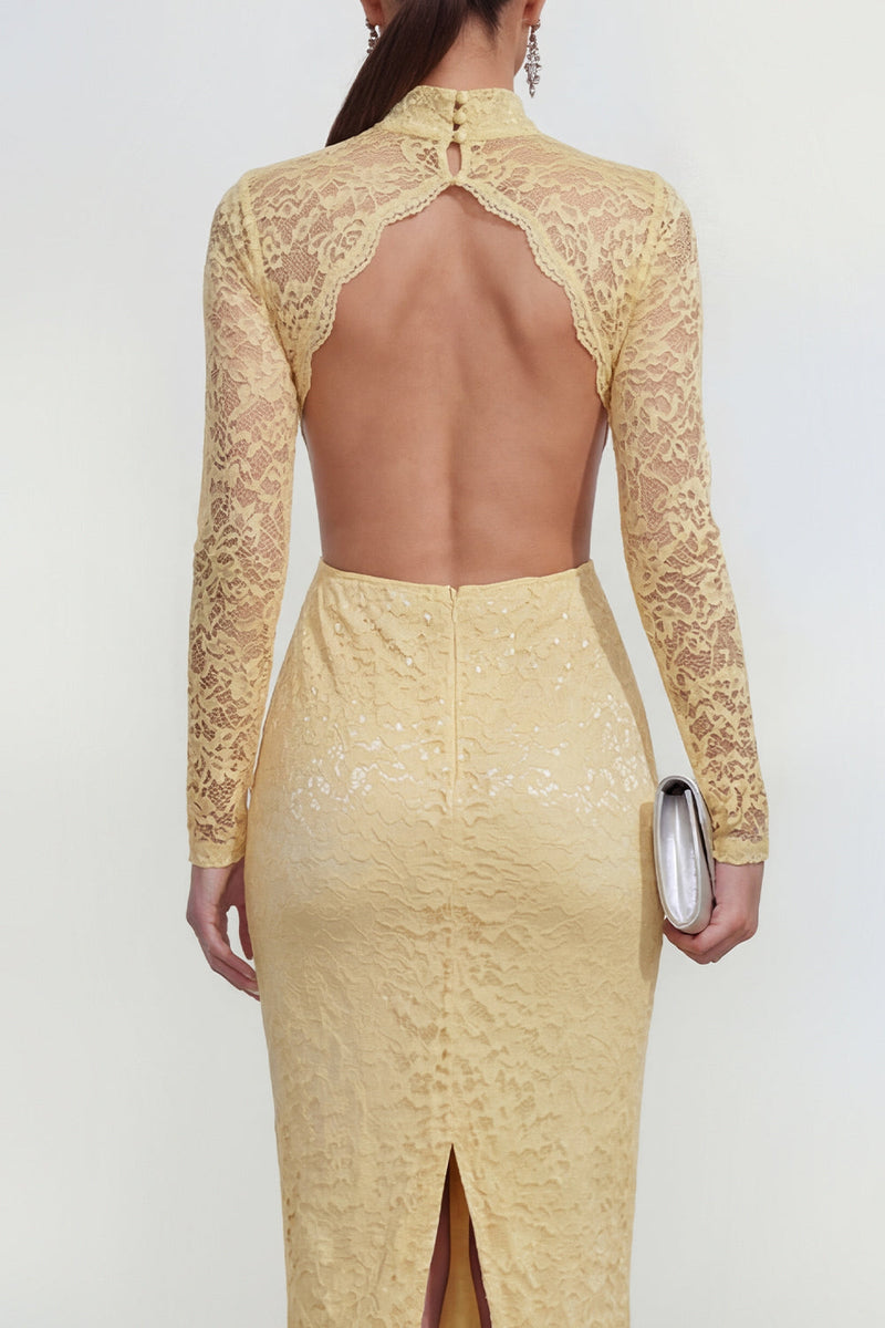 Load image into Gallery viewer, Lace Floral Butter Yellow Cut Out Bodycon Midi Formal Dress with Back Slit