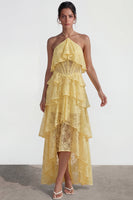 Load image into Gallery viewer, Yellow Halter Lace Floral A Line High Low Corset Formal Dress with Ruffles