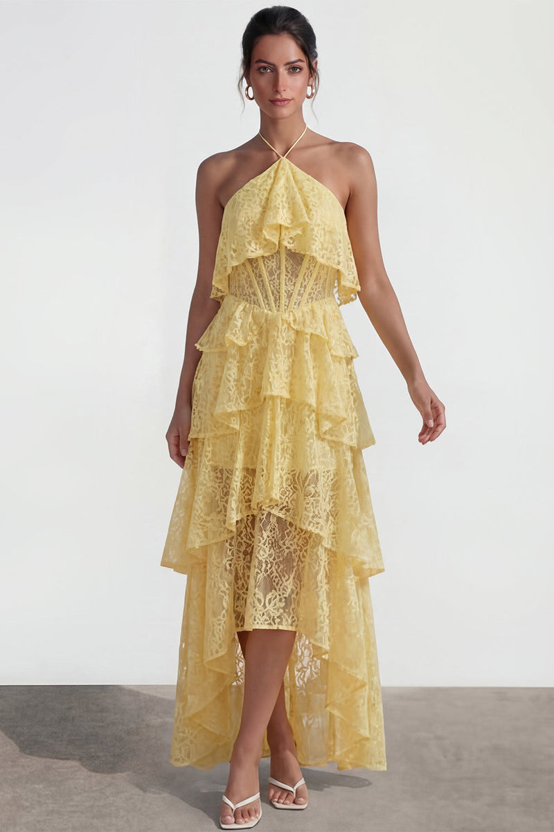 Load image into Gallery viewer, Yellow Halter Lace Floral A Line High Low Corset Formal Dress with Ruffles