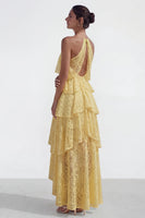Load image into Gallery viewer, Yellow Halter Lace Floral A Line High Low Corset Formal Dress with Ruffles