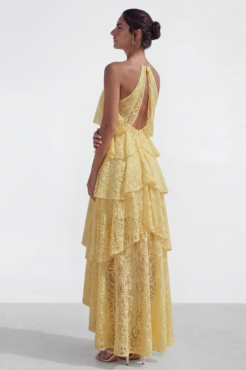 Load image into Gallery viewer, Yellow Halter Lace Floral A Line High Low Corset Formal Dress with Ruffles
