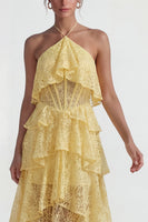 Load image into Gallery viewer, Yellow Halter Lace Floral A Line High Low Corset Formal Dress with Ruffles