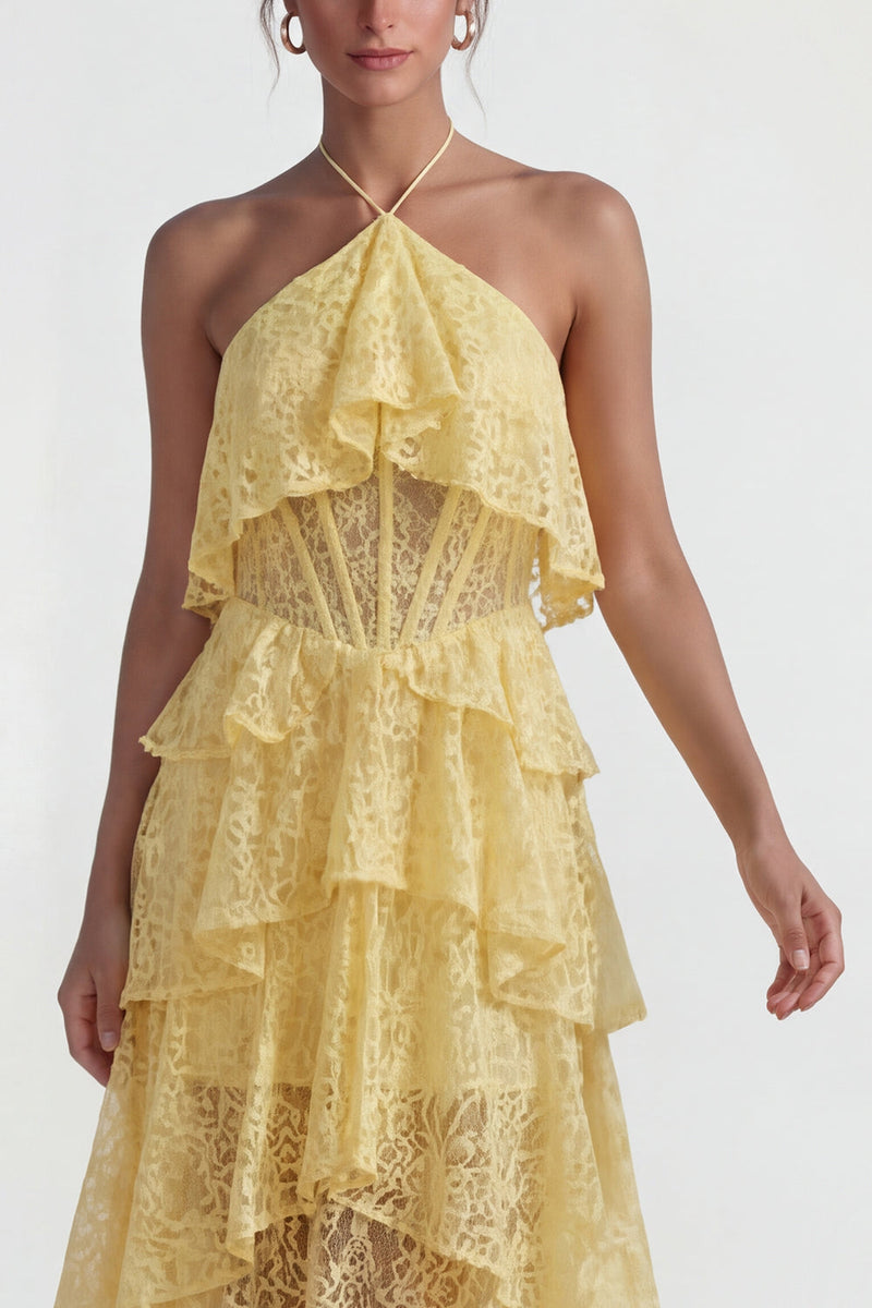 Load image into Gallery viewer, Yellow Halter Lace Floral A Line High Low Corset Formal Dress with Ruffles