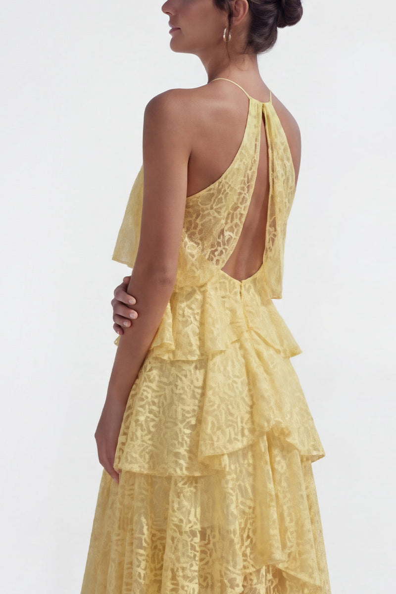 Load image into Gallery viewer, Yellow Halter Lace Floral A Line High Low Corset Formal Dress with Ruffles
