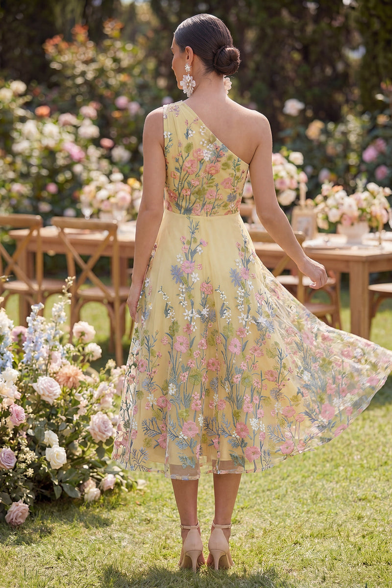 Load image into Gallery viewer, Yellow Floral Ruched A Line One Shoulder Maxi Butter Formal Dress
