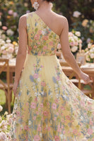 Load image into Gallery viewer, Yellow Floral Ruched A Line One Shoulder Maxi Butter Formal Dress