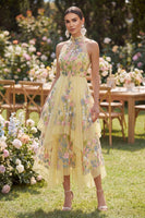 Load image into Gallery viewer, Butter Yellow High Neck Floral A Line Open Back Maxi Formal Dress with Ruffles