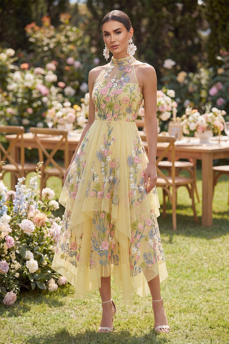 Load image into Gallery viewer, Butter Yellow High Neck Floral A Line Open Back Maxi Formal Dress with Ruffles