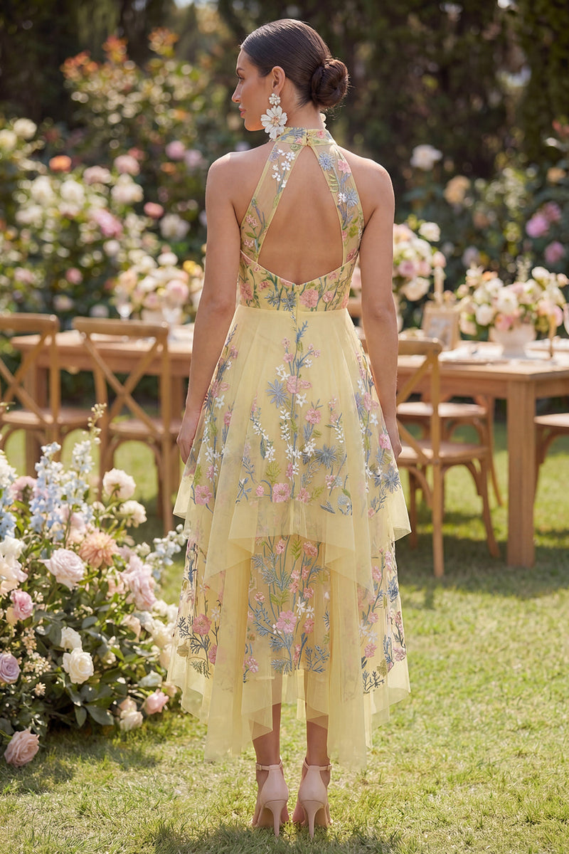 Load image into Gallery viewer, Butter Yellow High Neck Floral A Line Open Back Maxi Formal Dress with Ruffles