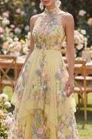 Load image into Gallery viewer, Butter Yellow High Neck Floral A Line Open Back Maxi Formal Dress with Ruffles