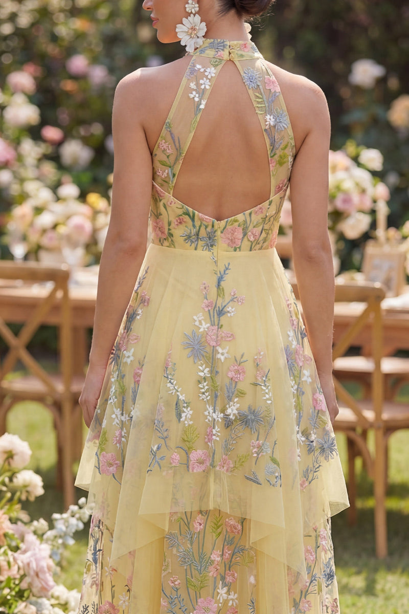 Load image into Gallery viewer, Butter Yellow High Neck Floral A Line Open Back Maxi Formal Dress with Ruffles