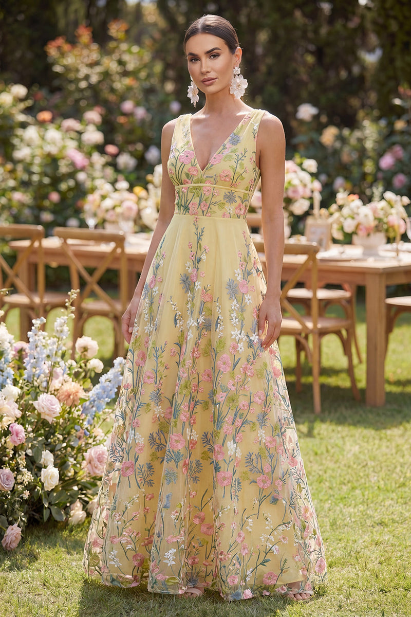 Load image into Gallery viewer, Yellow Floral V-Neck Butter A Line Long Formal Dress