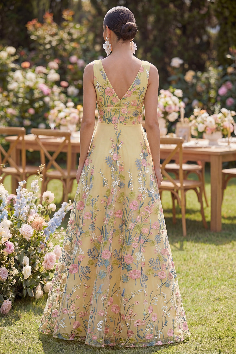 Load image into Gallery viewer, Yellow Floral V-Neck Butter A Line Long Formal Dress