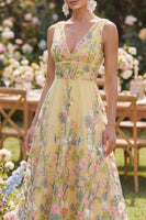 Load image into Gallery viewer, Yellow Floral V-Neck Butter A Line Long Formal Dress