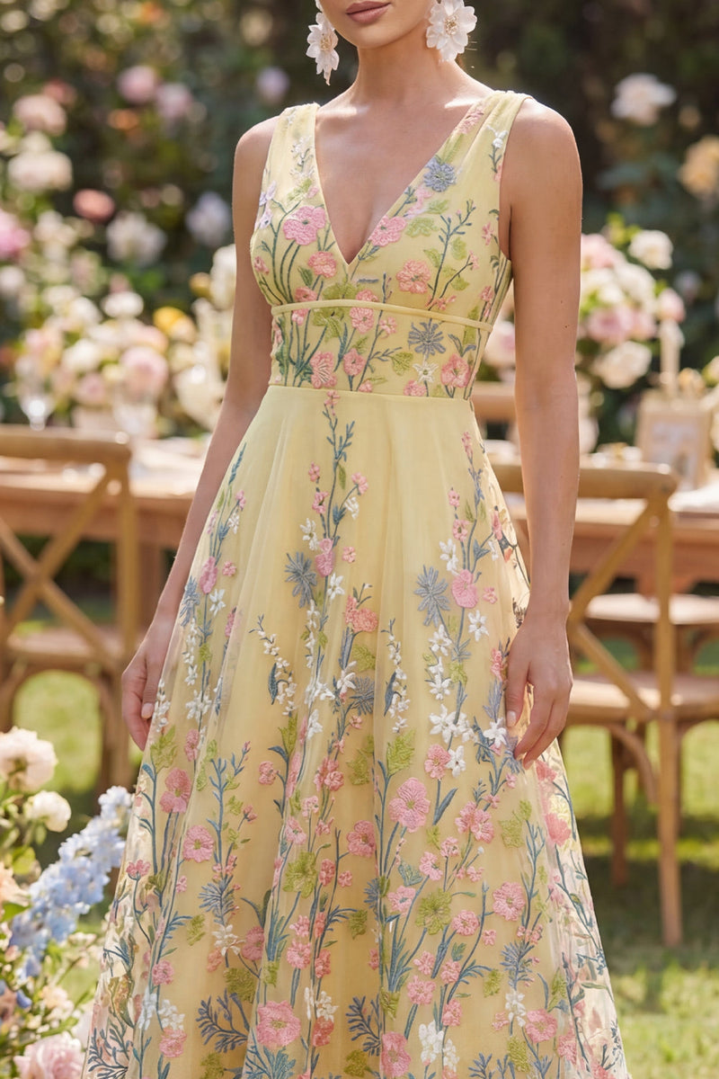 Load image into Gallery viewer, Yellow Floral V-Neck Butter A Line Long Formal Dress