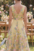 Load image into Gallery viewer, Yellow Floral V-Neck Butter A Line Long Formal Dress