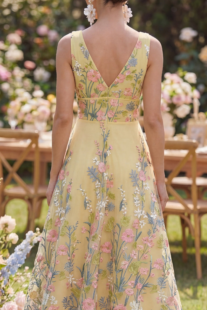 Load image into Gallery viewer, Yellow Floral V-Neck Butter A Line Long Formal Dress